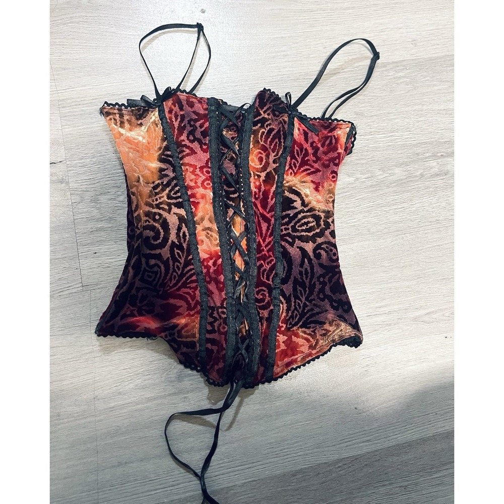 Y2K Red Velvet Burnout Lace-Up Corset Top Goth Fairy Grunge Bustier Cami M RARE - Picture 2 of 3
